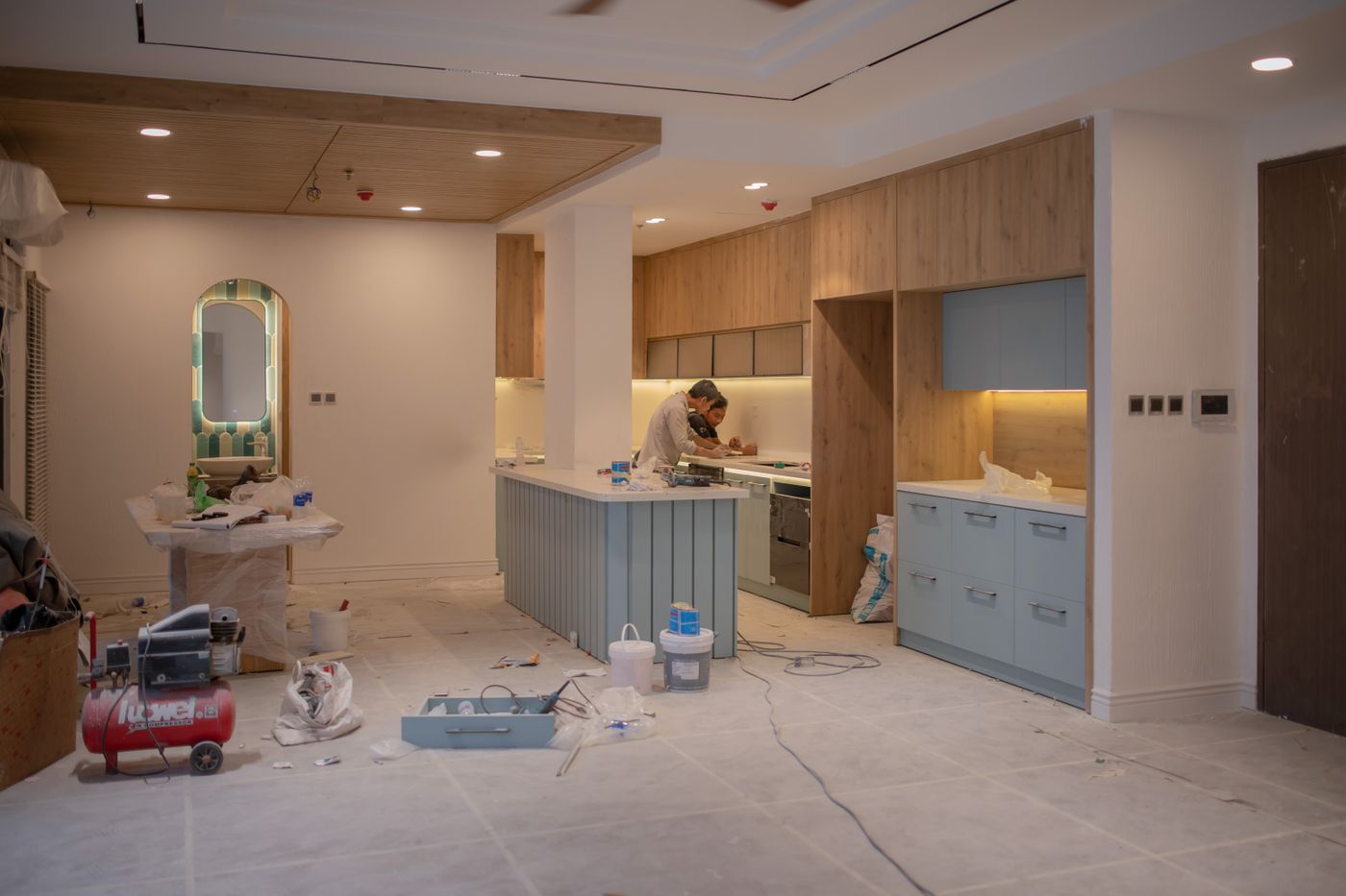 Modern kitchen undergoing renovation and installation work